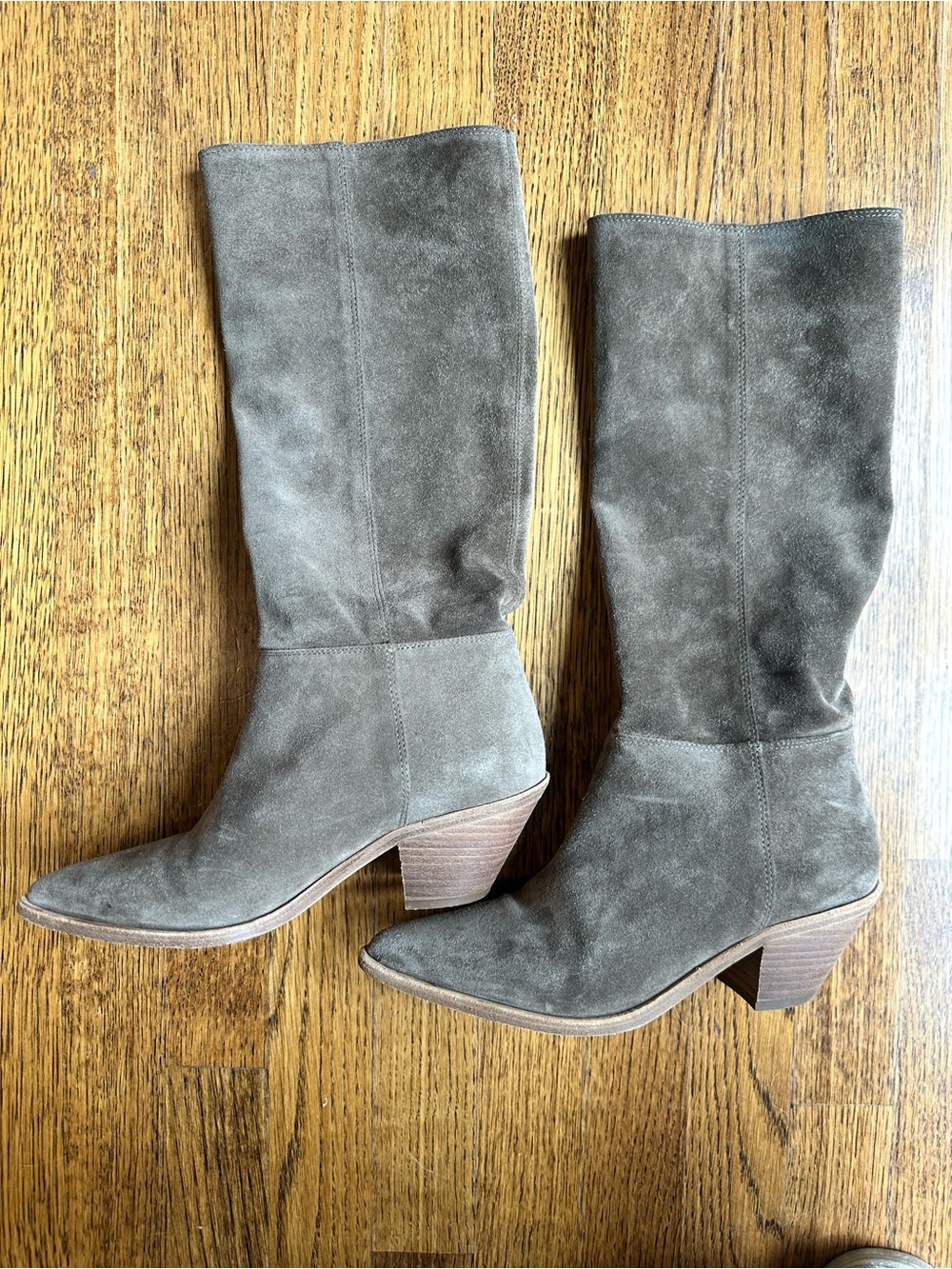 ba&sh Olive Taupe Suede Mid-Calf Heeled Boots